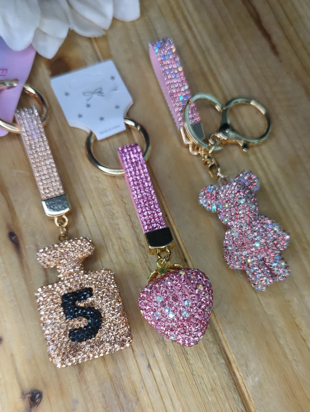 Set Of 3 Pink Crystal Bag Charms & Keychains